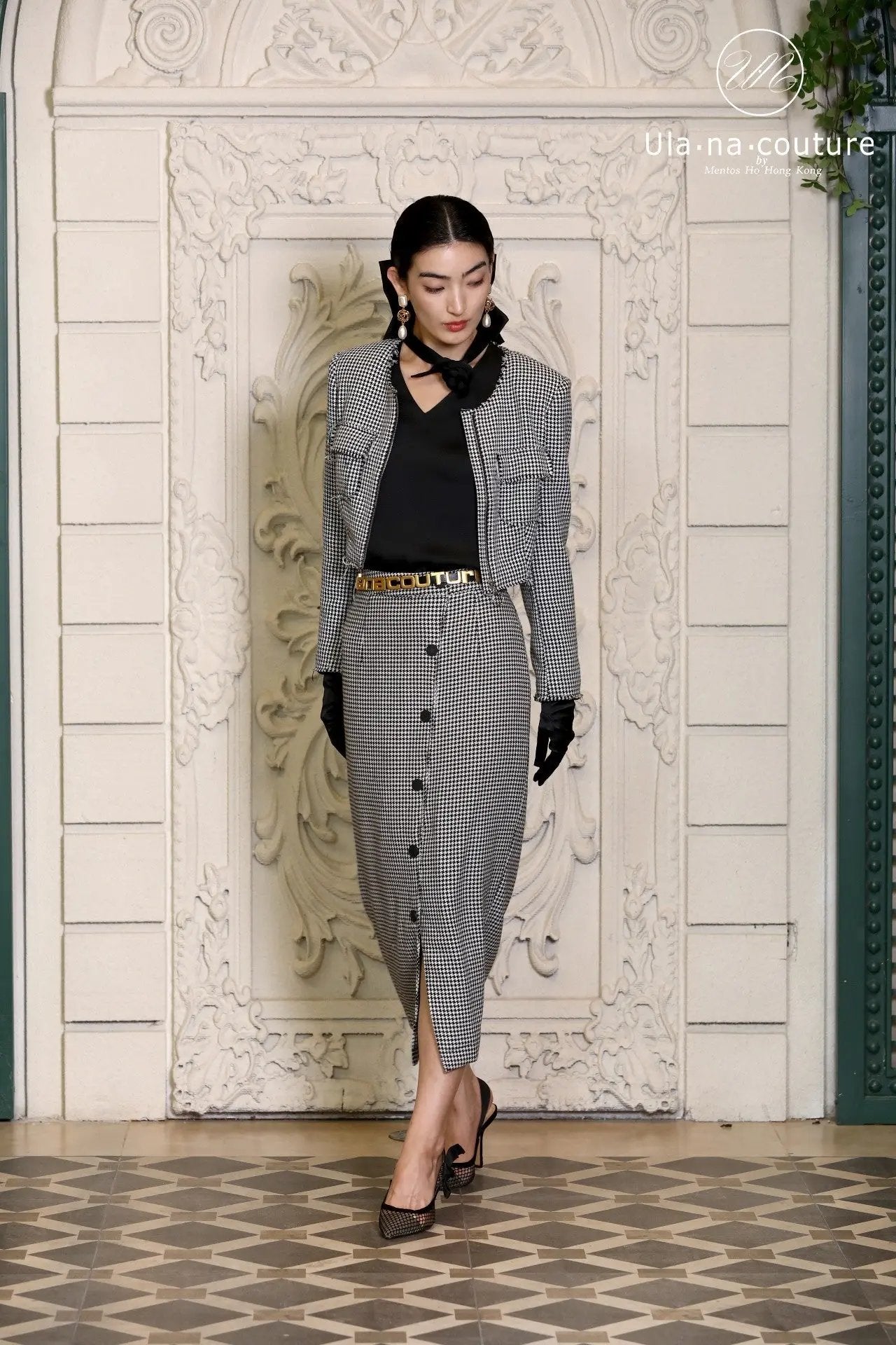 Qianniao grid suit jacket half skirt solid color long skirt three piece set ULA